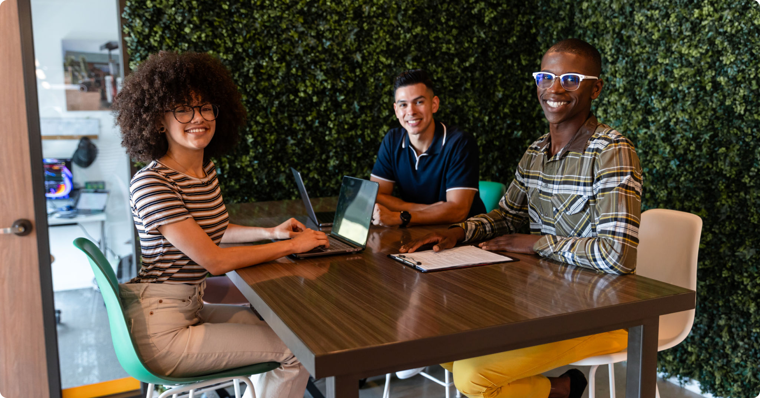 Diverse team working together happily